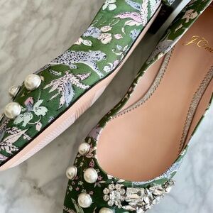 NEW J Crew Poppy Green Jungle Print Embellished Ballet Flats, Size 6.5